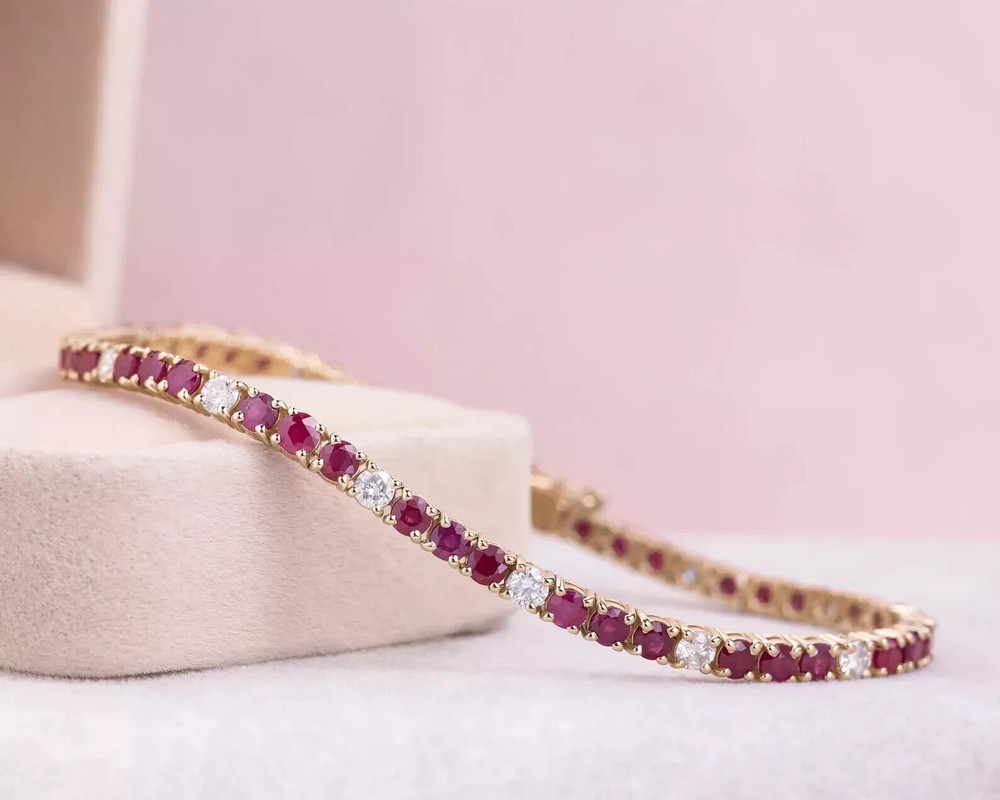 12Ct Round Lab Created Ruby & Diamond Tennis Bracelet 14k Yellow Gold Plated