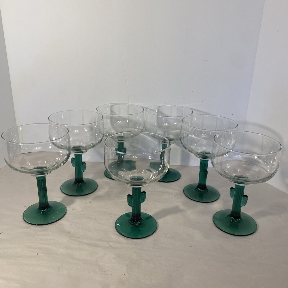 Libby Cactus Margarita Glasses Hand Blown Green Stem 8 oz Set of 7