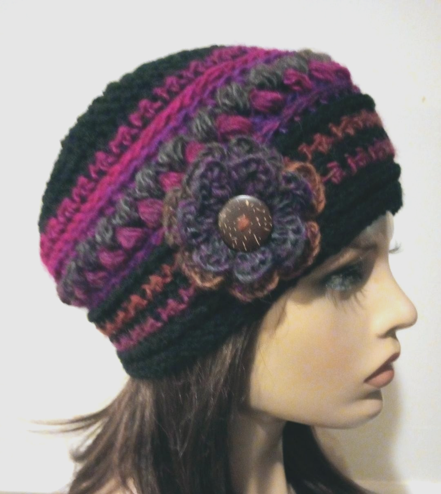 crochet handmade womans flower hat beanie samba puffs USA made