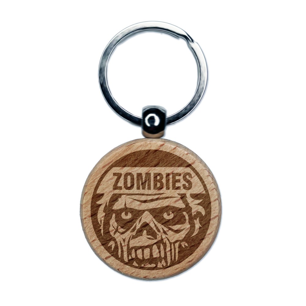 Zombies Scary Undead Face Engraved Wood Round Keychain Tag Charm