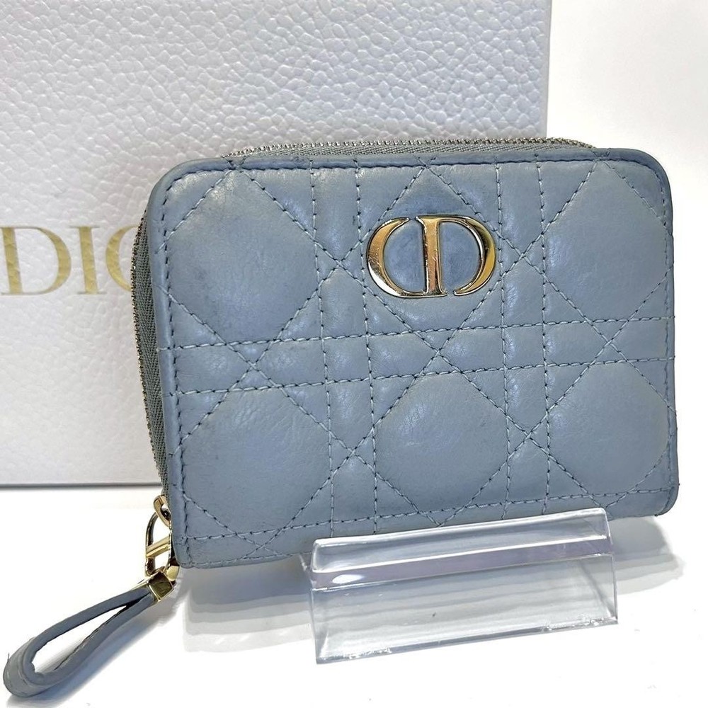Dior Caro Fold Wallet in Blue Lambskin with Canage Leather and Luxury Gift Box