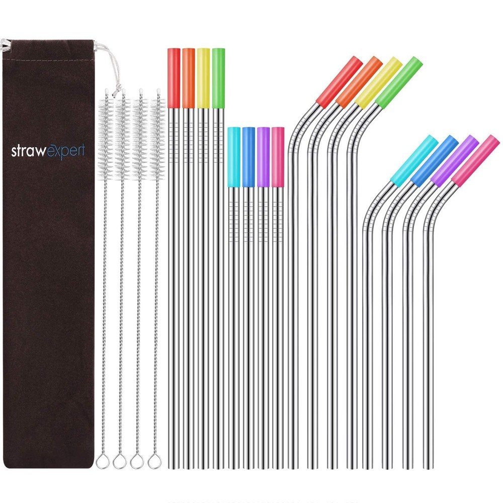 16 Pack Reusable Stainless Steel Straws with Silicone Tips Metal Drinking Straws