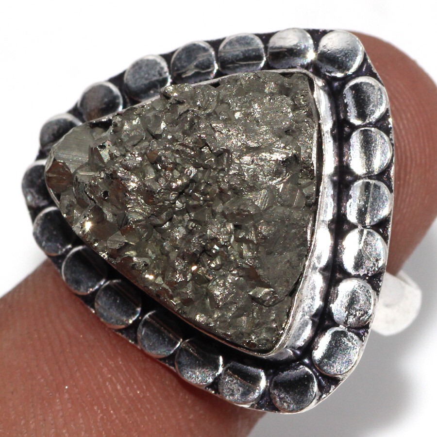 Pyrite Druzy 925 Silver Plated Gemstone Ring US 8.5 Aesthetic Jewelry JW