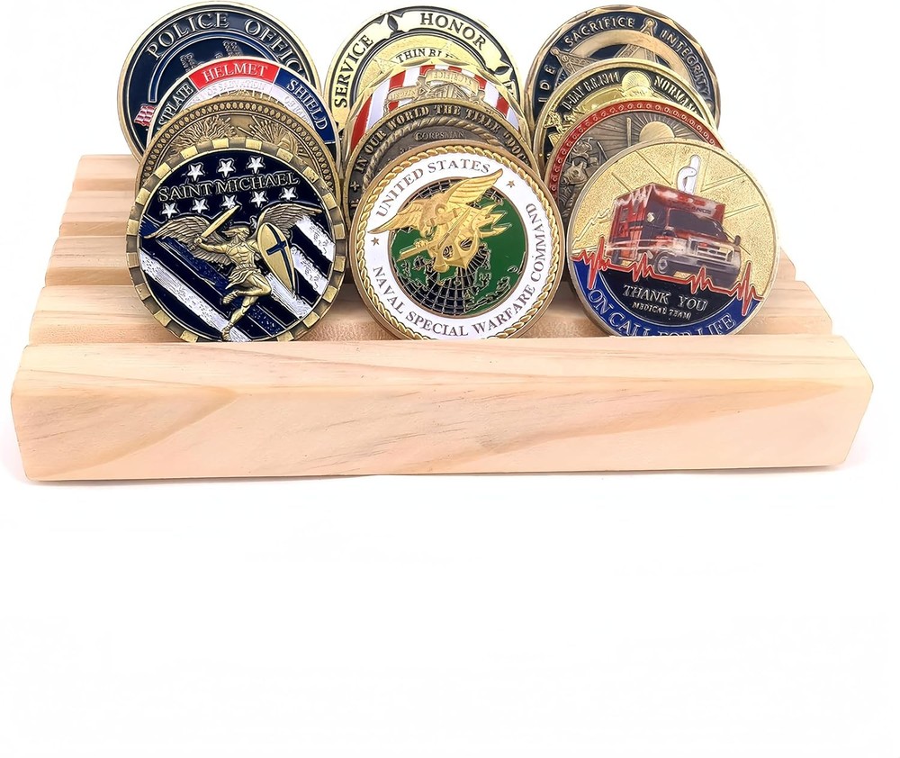 Solid Wood 4-Row Military Challenge Coin Display Holder in Rich Brown