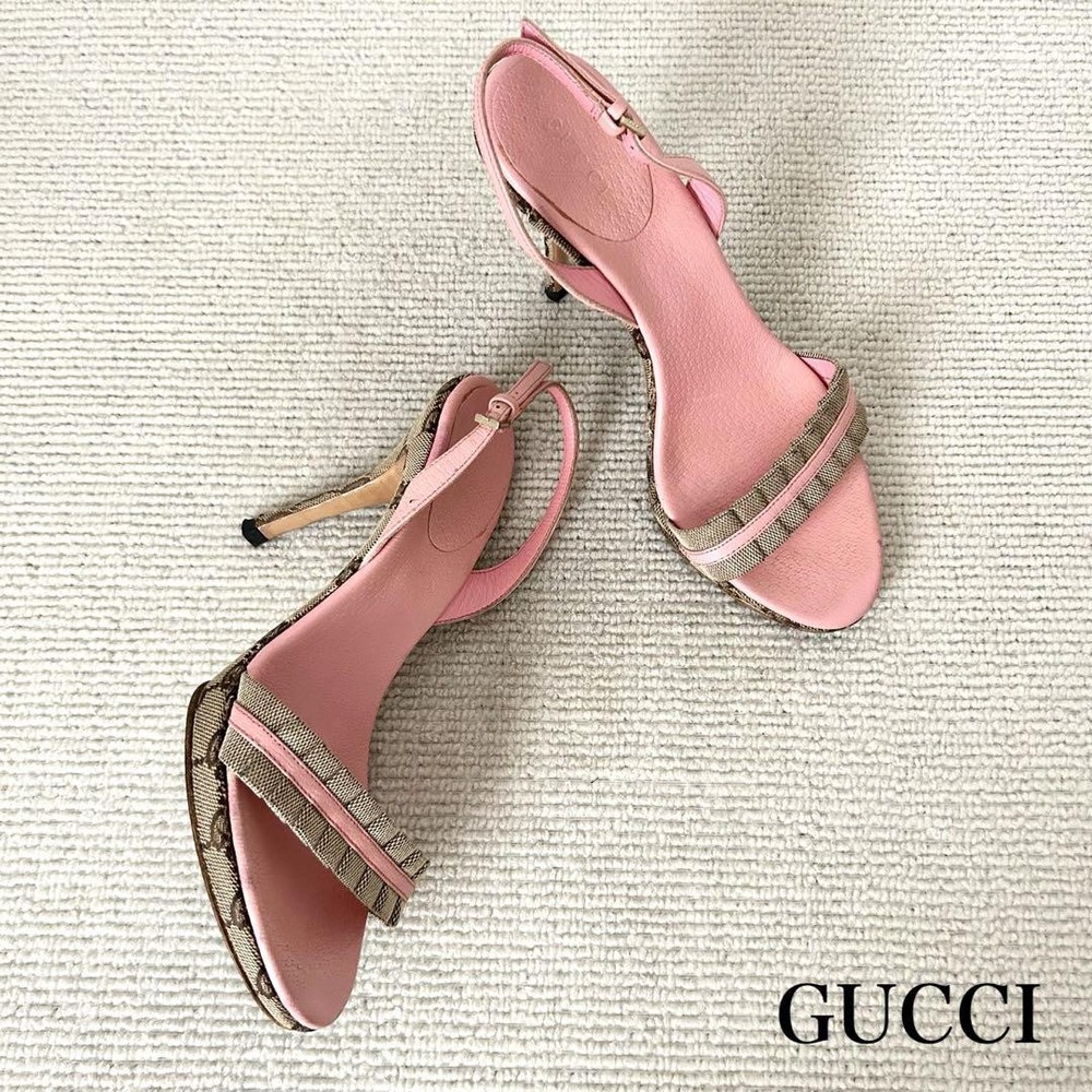Gucci Men Pink GG Leather Sandal Heels Size 5 US New
