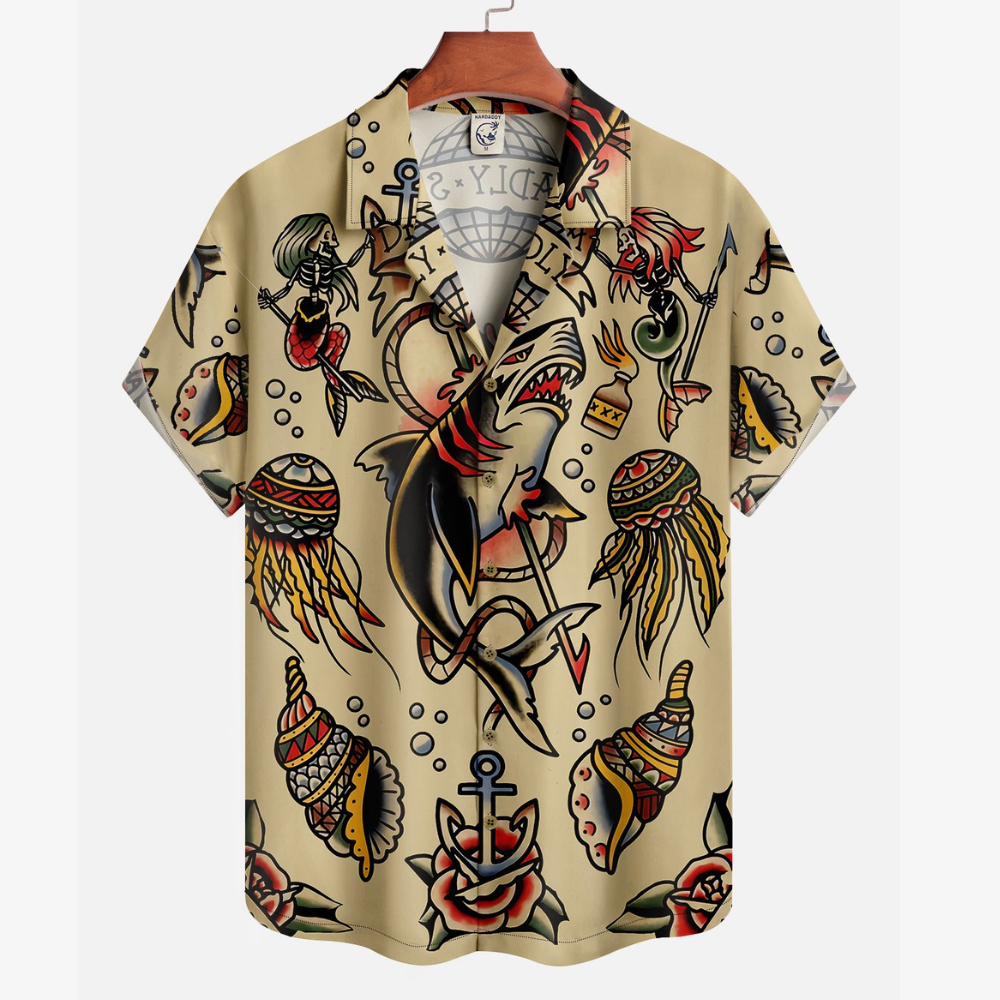 Men's US Size Deadly Sea Shark Hawaiian Shirt Summer Marine Animal Style
