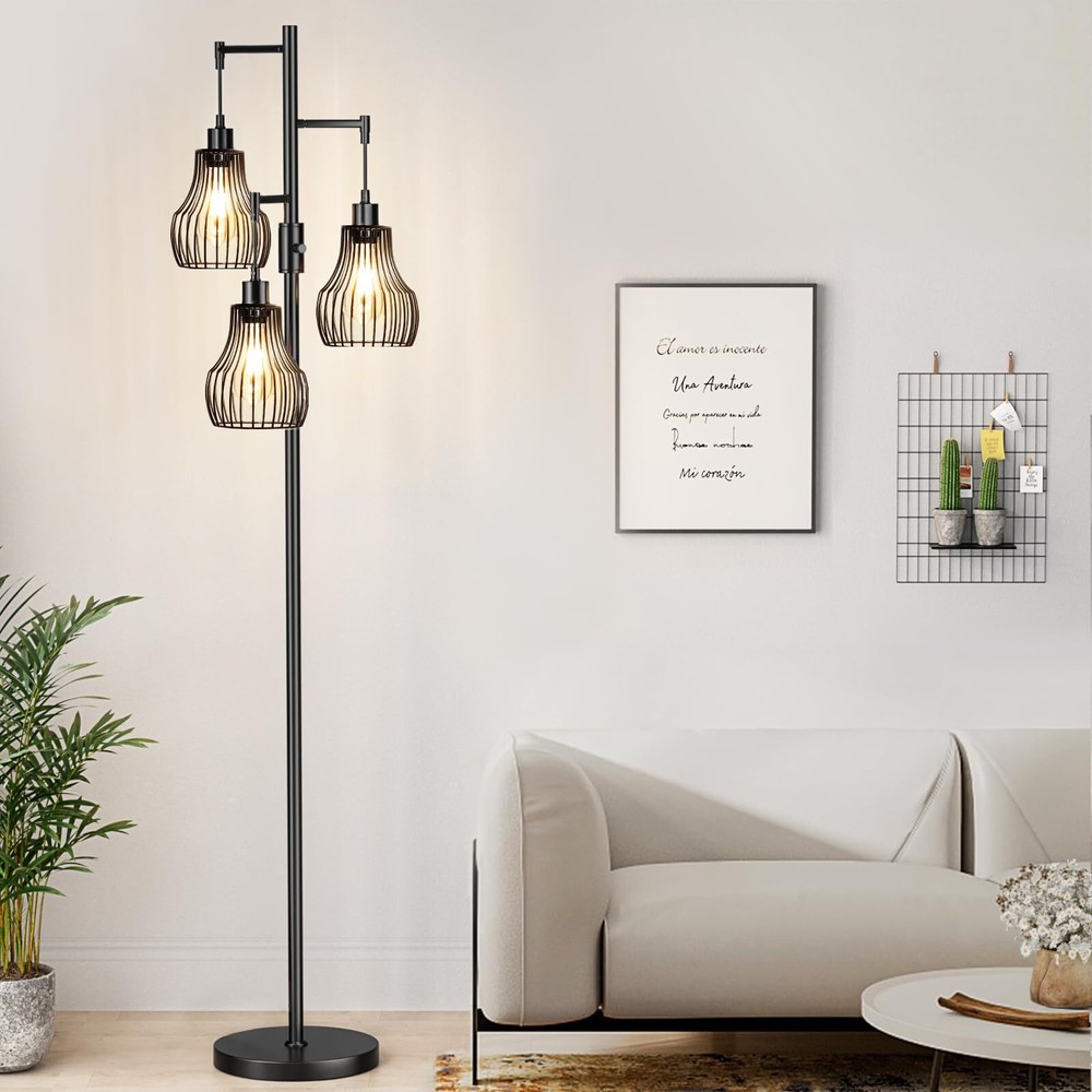 Dimmable Floor Lamp, 3 x 800LM LED Edison Bulbs Included, Farmhouse Industria...