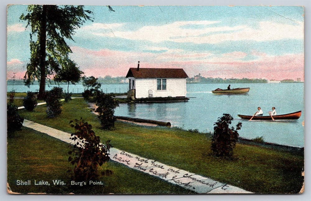 Shell Lake Burg's Point Boat House Boat Canoe WI C1910's Postcard U21