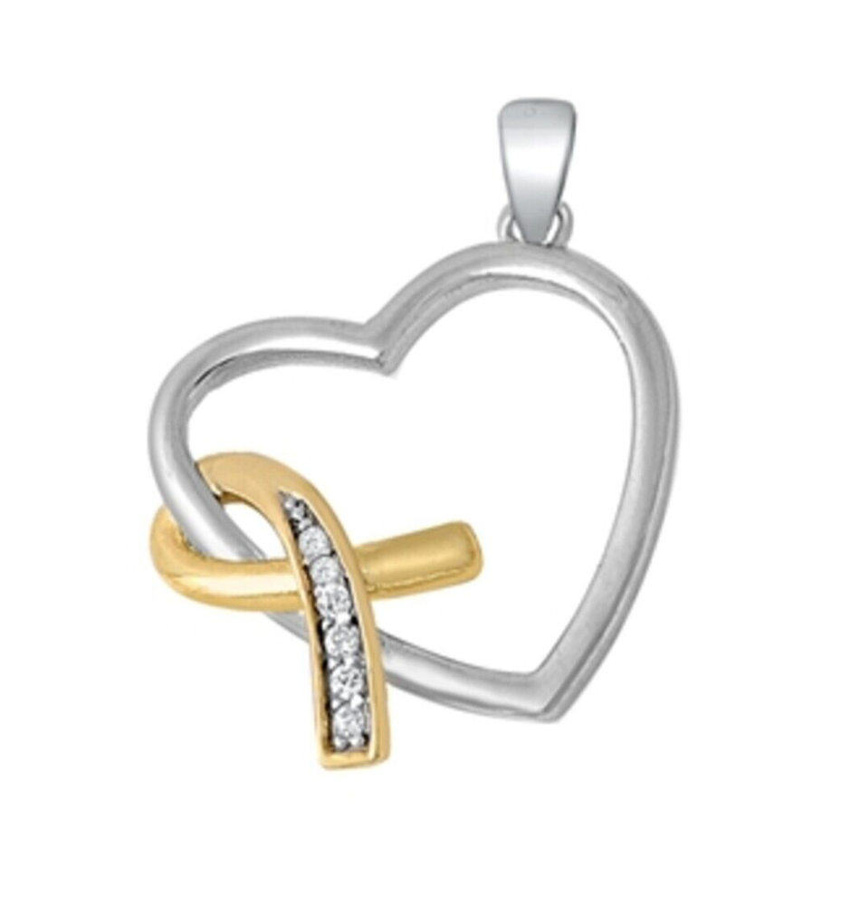Genuine Diamond Heart Pendant Cancer Awareness Necklace in Yellow Gold Plated