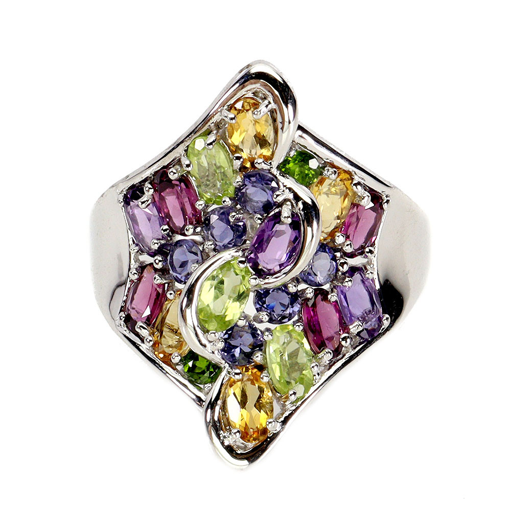 Elegant 925 Sterling Silver Ring with Oval Citrine Iolite Peridot Gemstones
