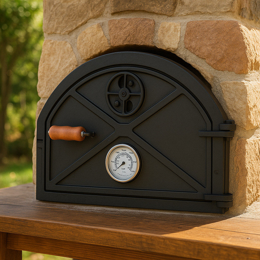 Cast Iron Pizza Oven Door with Left Handle and Pyrometer for Clay Ovens