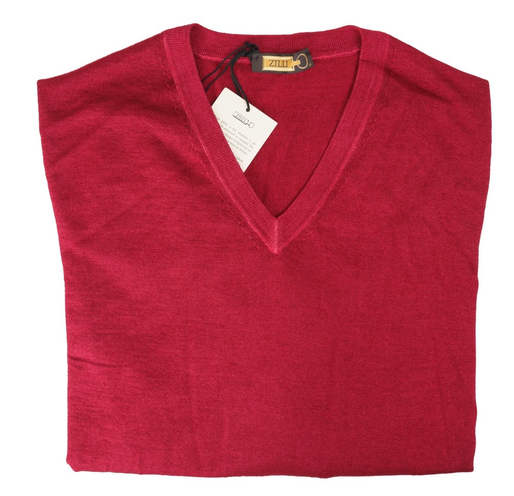 ZILLI Solid Red Sweater Lightweight Cashmere Silk V-Neck Pullover M (EU 50)