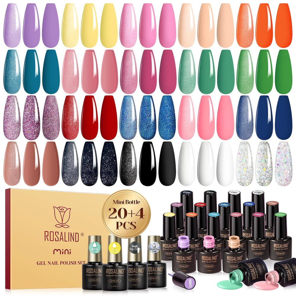 24PCS Gel Nail Polish Kit with 20 Colors, Base Coat & Glitter Gloss Top Coat  