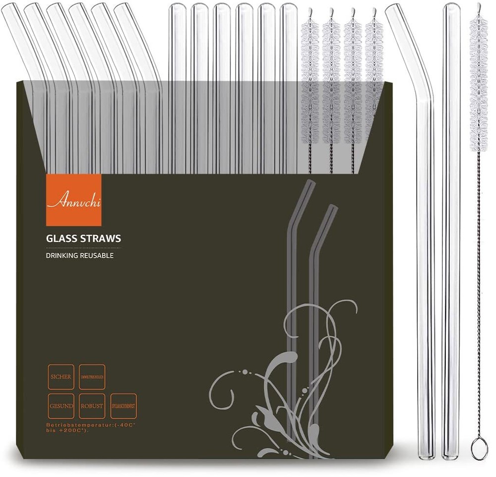 16-Piece Eco-Friendly Glass Straw Set with Brushes - 6 Straight & 6 Bent