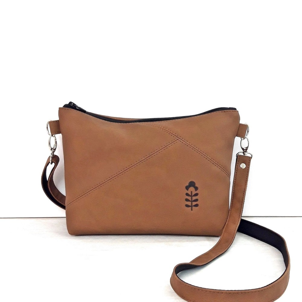 Cognac Leather Crossbody bag, Vegan, size Small, Diahobag, print Magnolia