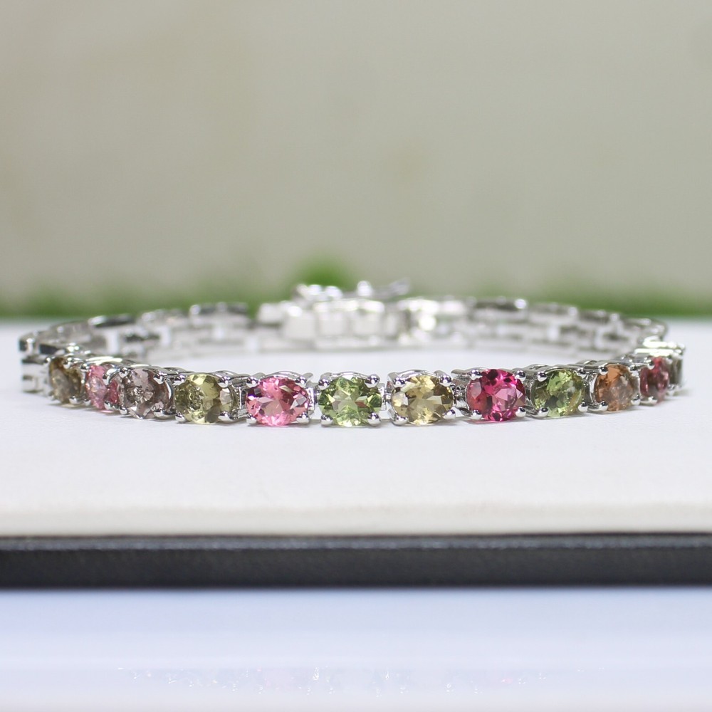 Natural Multi Tourmaline Bracelet With 925 Sterling Silver In 7.5 Inches Size