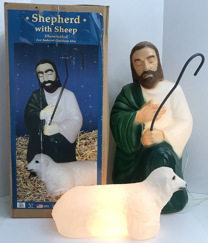 Vintage General Foam Nativity Scene Shepherd and Sheep Lighted Blow Mold *Read*