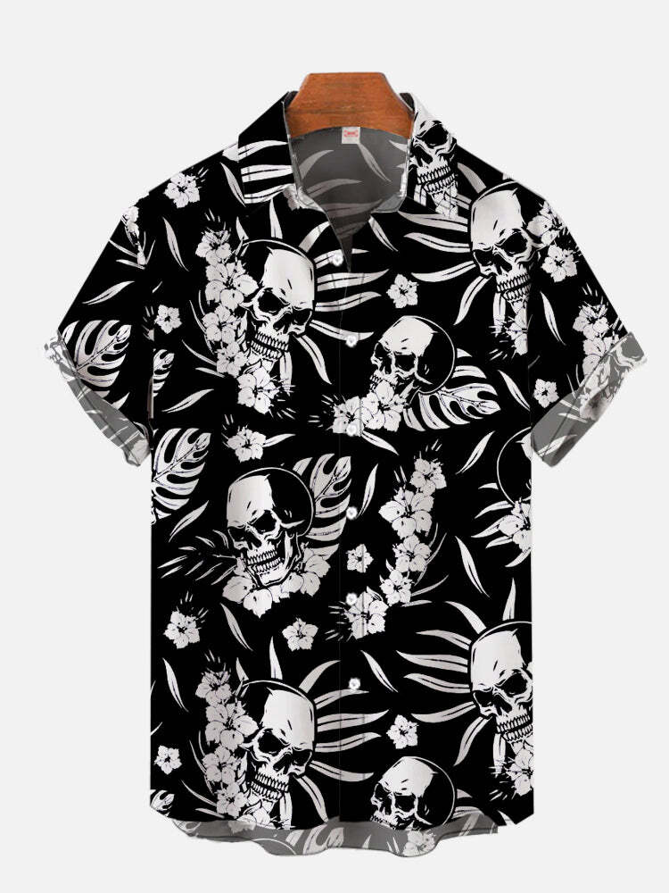 Stylish Leisure Vacation Hawaiian Black And White Leaf Skull Hawaiian Shirt For Men And Women