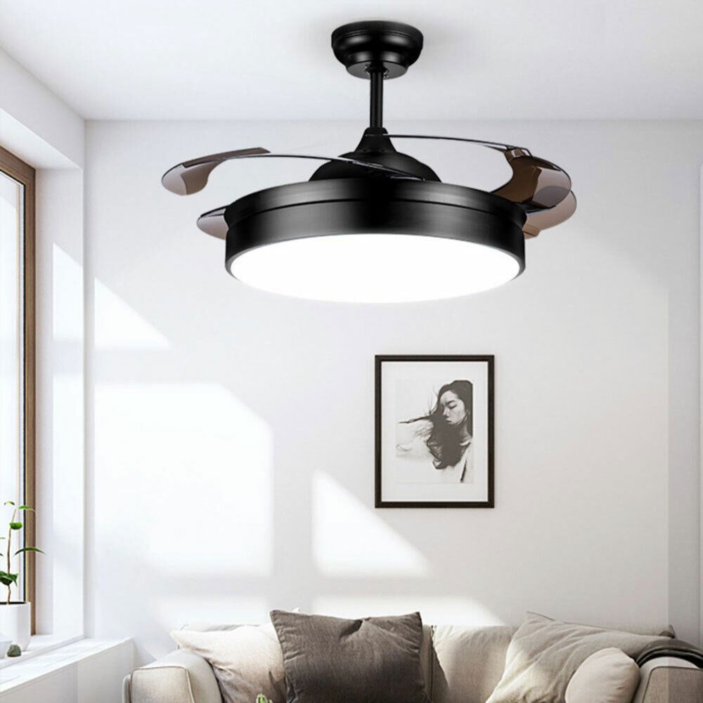 42 Inch Retractable Blade LED Ceiling Fan with Remote Control Light Chandelier  