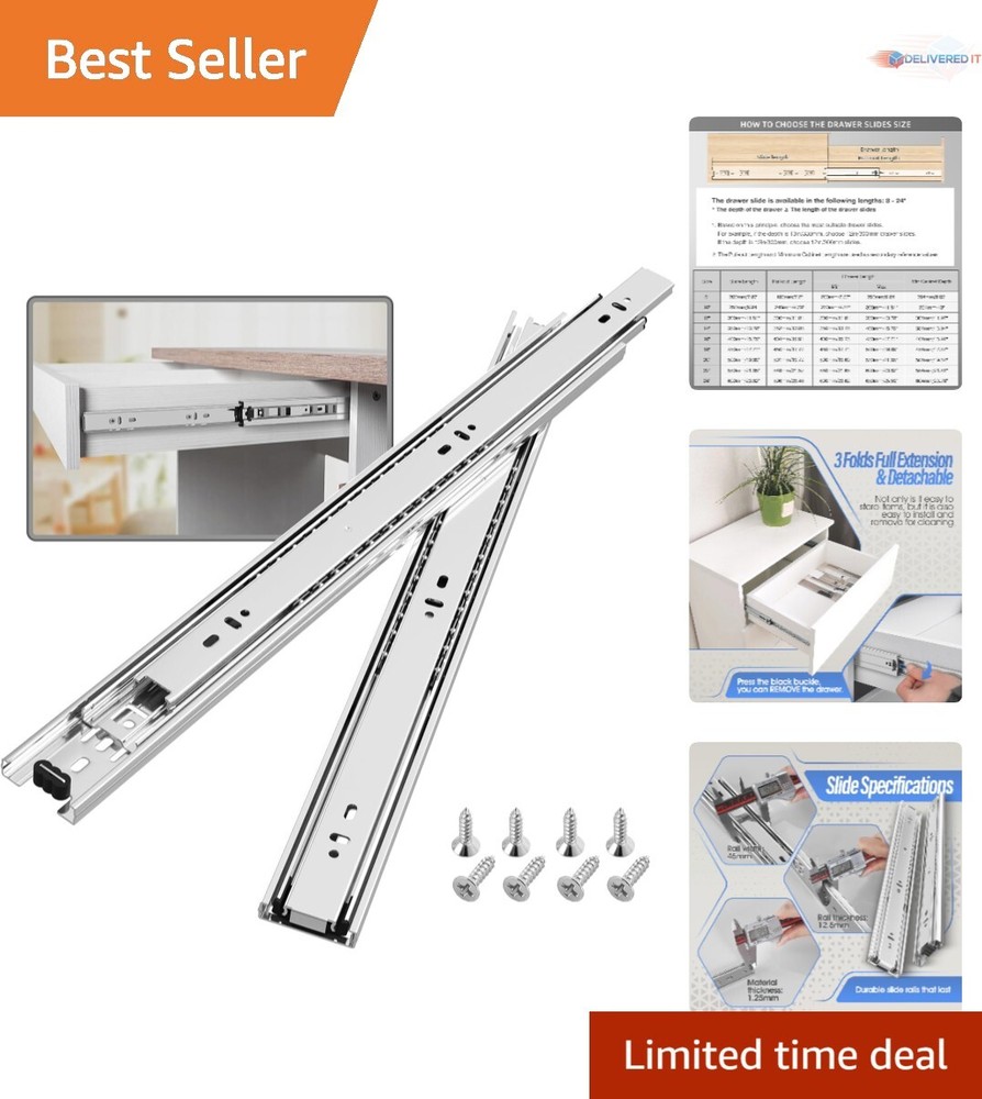Heavy-Duty Full Extension Ball Bearing Drawer Slides 8-24 Inch 100LB Capacity Silver-image
