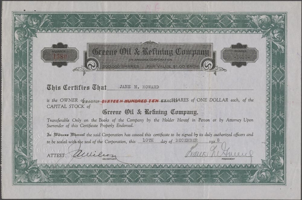 U.S., 1928. Arizona Stock Certificate, Green Oil & Refining Co.