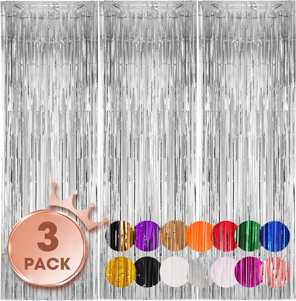 3 Pack 3.3X8.2 Feet Silver Foil Fringe Backdrop Curtains, Tinsel Streamers Birth