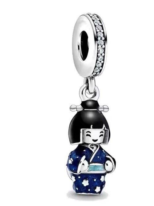 Sterling Silver Blue Kimono Doll Charm Beaded Bracelet