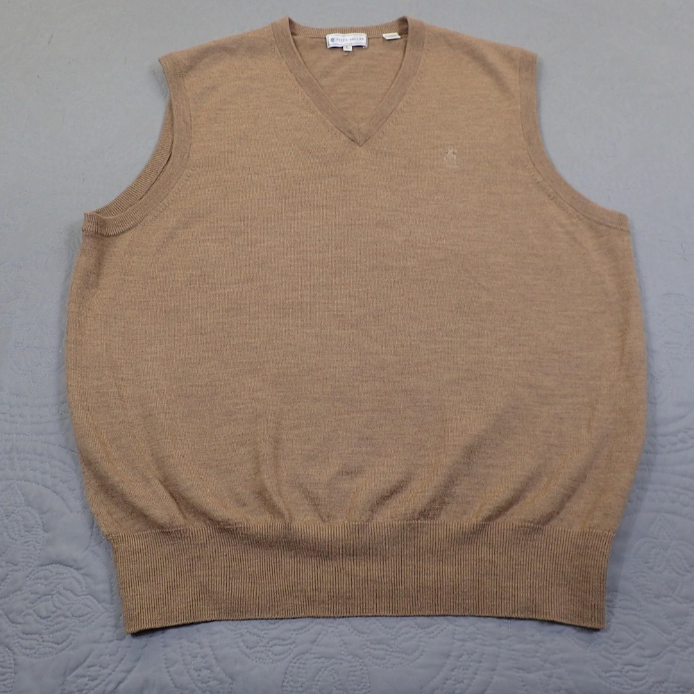 Peter Millar Sweater Vest Mens Large Tan Italian Merino Wool V Neck Golf Knit