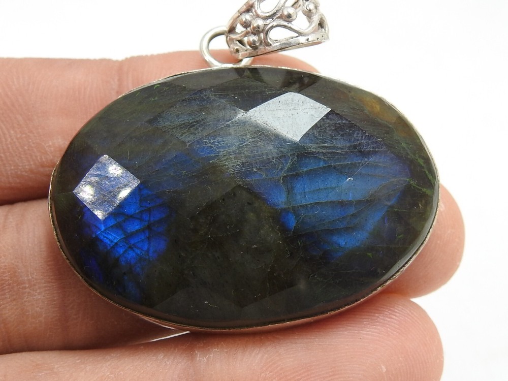 Christmas Gift Labradorite Brass Pendant Faceted Cabochon Multi Fire Jewelry