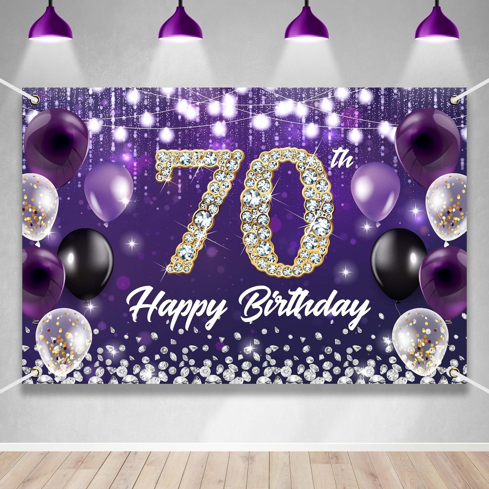 Happy 70th Birthday Backdrop Banner Purple Theme Background with Shiny Diamon...