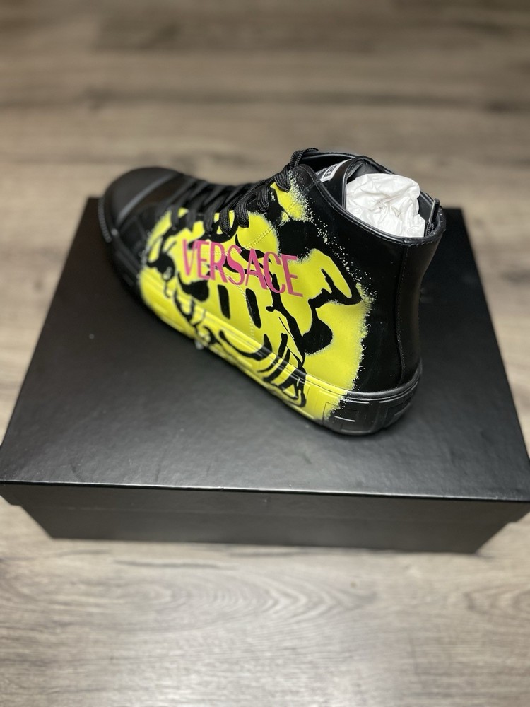43 US 10 NEW  VERSACE Men Black Leather SMILEY MEDUSA LOGO High-top SNEAKERS