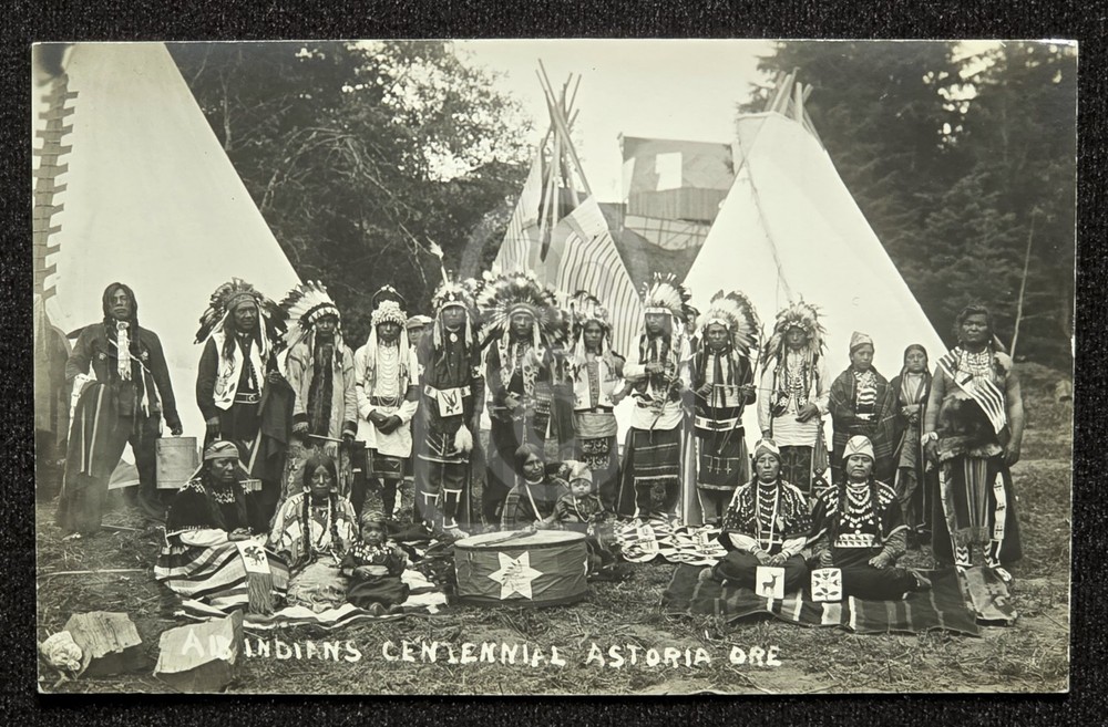 Incredible RPPC of a Group of NW Indians in Regalia. C 1911 Astoria, Oregon