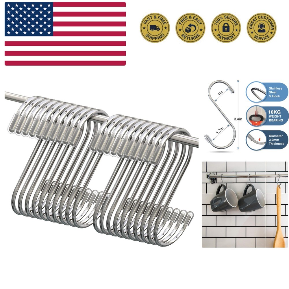 20 Pack S Hooks for Hanging, 3.4 Inch Metal S Shaped Hook Heavy Duty Hanging ...