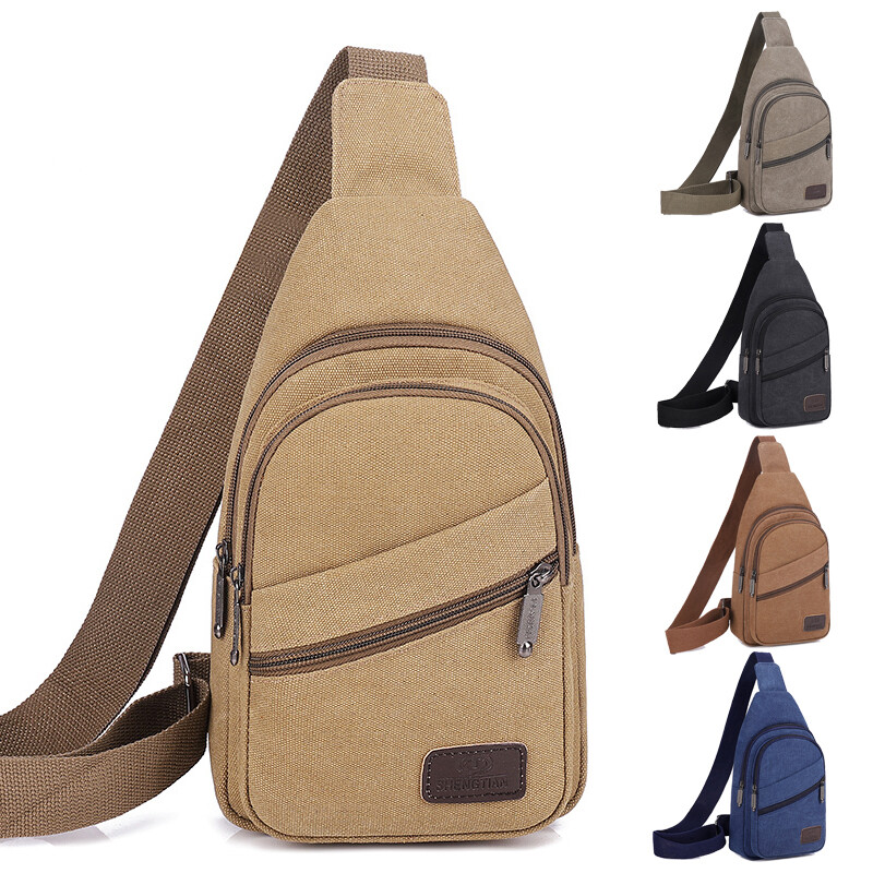 Men's Canvas Crossbody Bag Large Capacity Zipper Chest Bag Adjustable Travel Bag