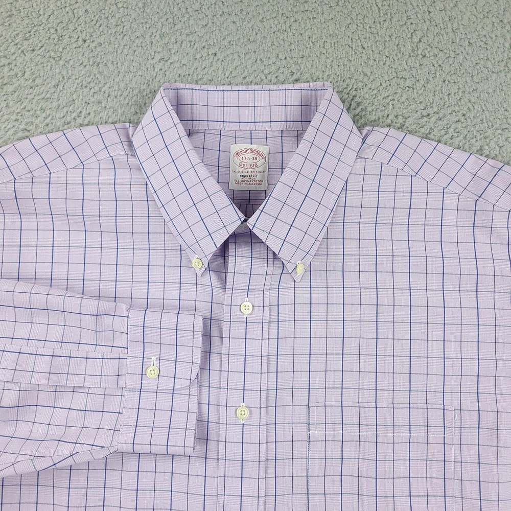 Brooks Brothers Dress Shirt Mens 17.5 Purple Check Regular Non Iron Supima