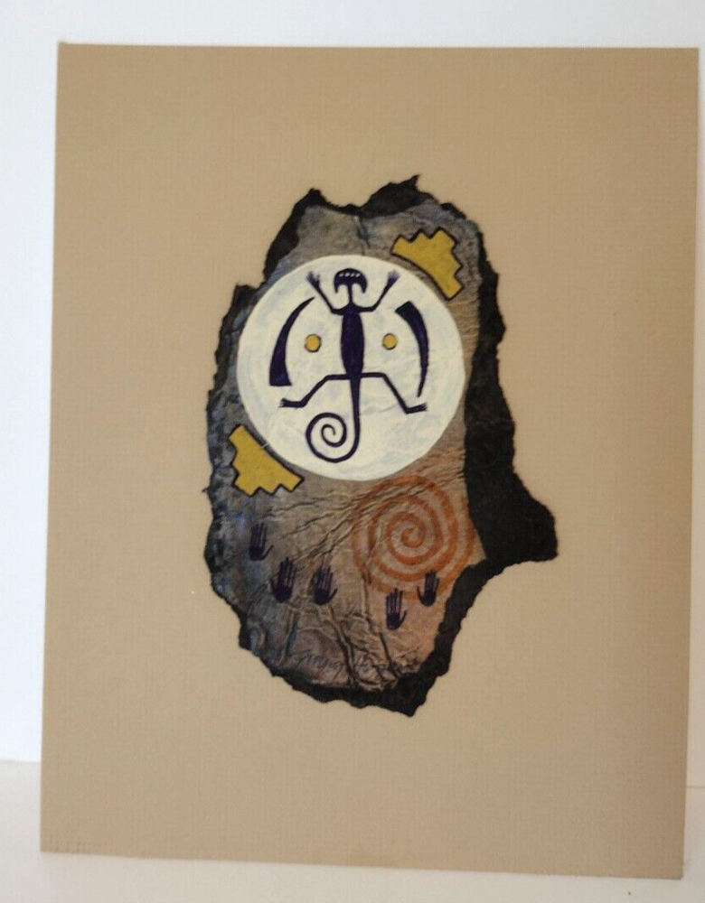 Ginny Hogan Signed Art Painting, Lizard, Southwest, Handmade Paper, Pictograph