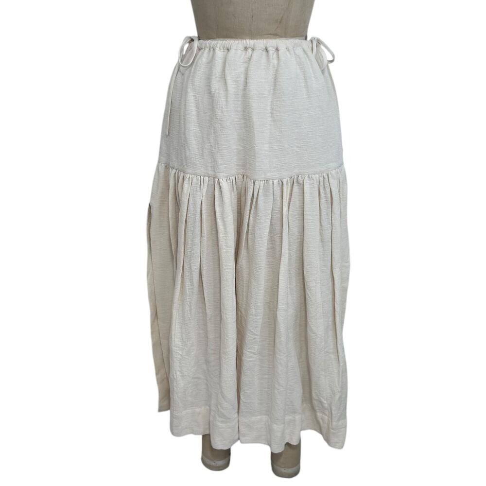 Shona Joy Linen Blend Tiered Maxi Skirt Beige Drawstring Waist Slit Size 8