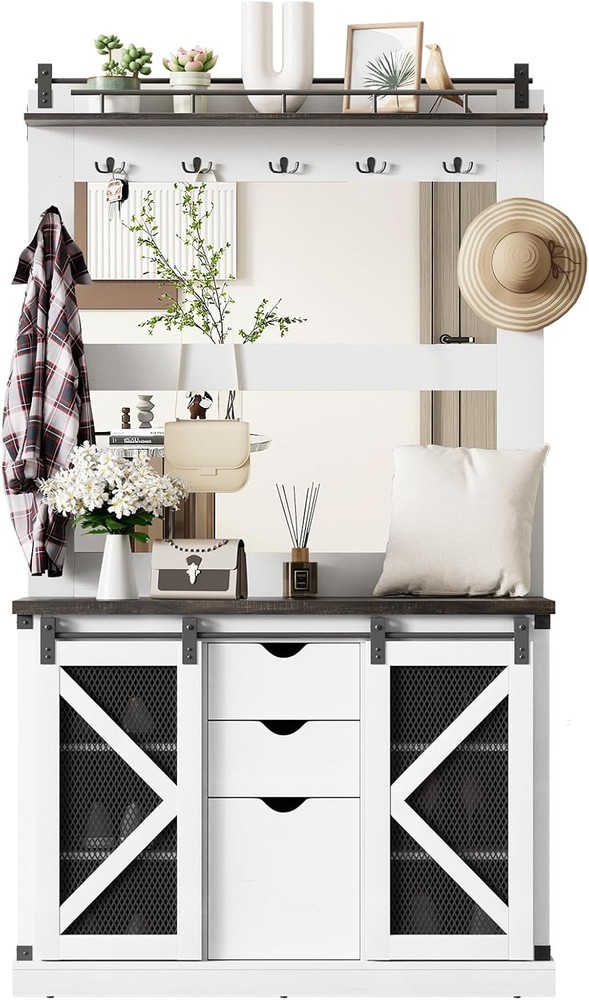 77 Inch Hall Tree Entryway Organizer with Shoe Storage Cubbies and Coat Rack