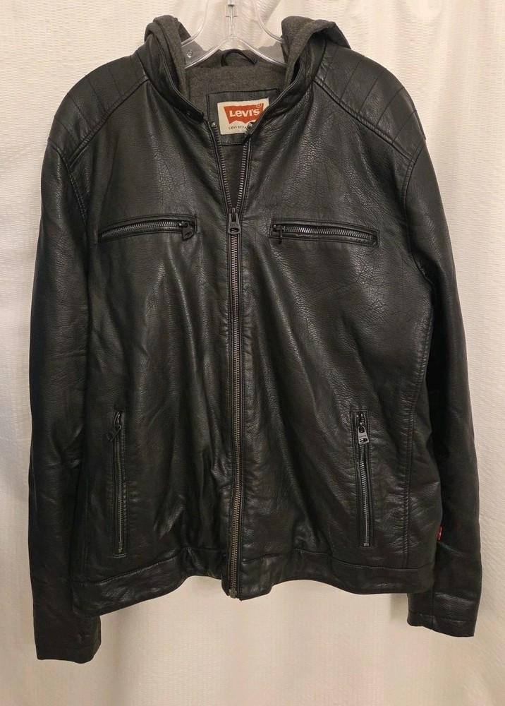 Levis Men's Black Faux Leather Jacket Large Biker Zipper Pockets Hooded