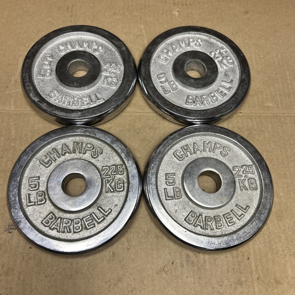 Vtg Champs Barbell (4) 5lbs Standard Weight Plates CHROME 1