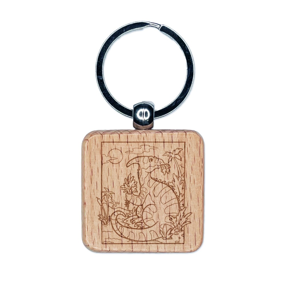 Parasaurolophus Duck Billed Dinosaur Engraved Wood Square Keychain Tag Charm