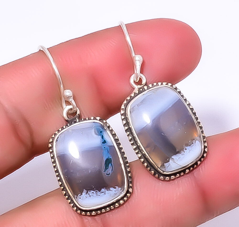 Blue Opal Owyhee Gemstone 925 Sterling Silver Earrings 1.56 Inches A392