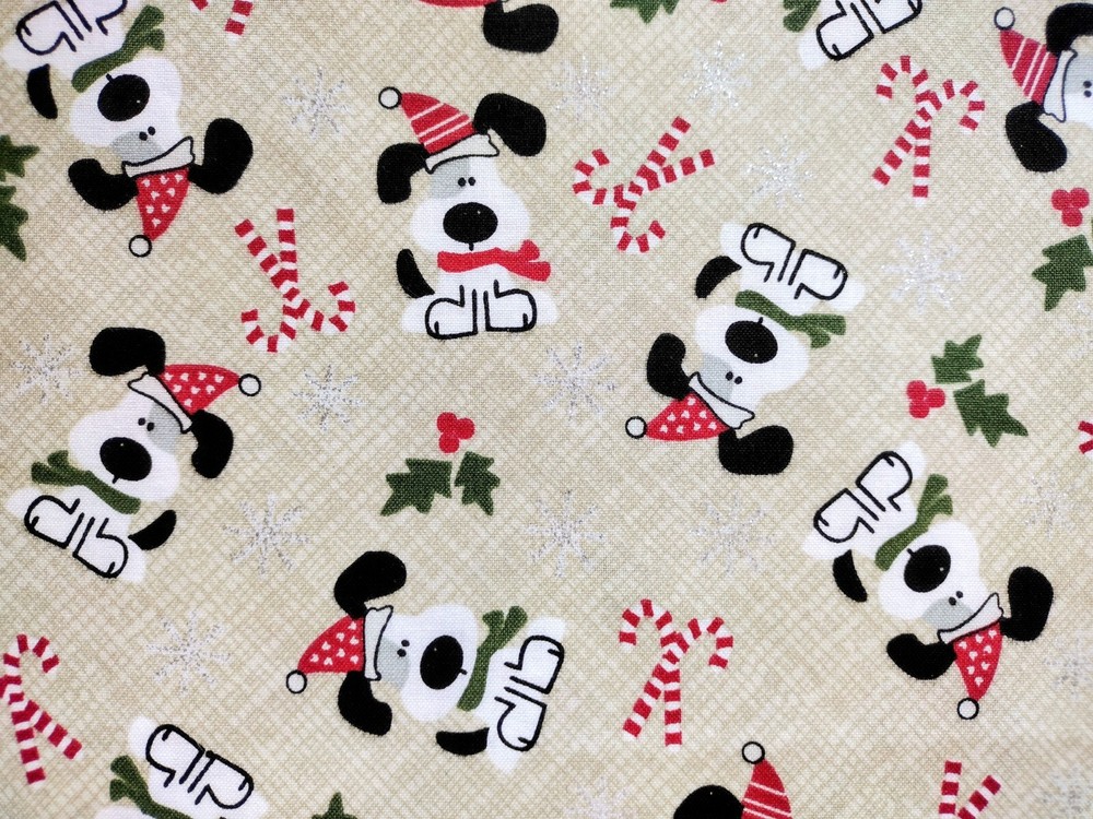 Festive Christmas Dogs Candy Canes Snowflakes Tan Fabric Precut 20x43 Section