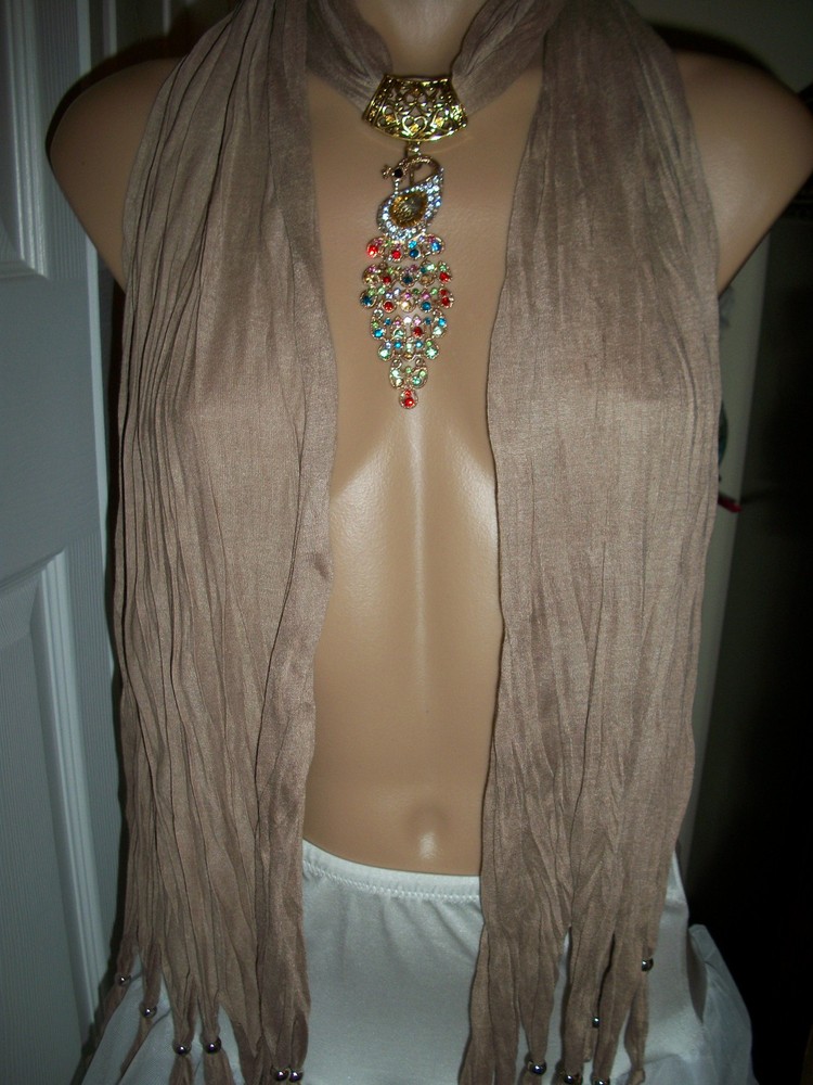 Sparkling Gold Beige Peacock Crystal Rhinestone Scarf Pendant Necklace