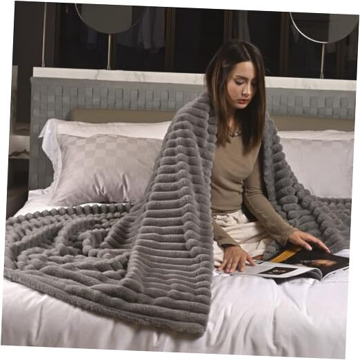 Luxury Ultra Soft Fluffy Faux Fur Winter Throw Blanket with Stripes  