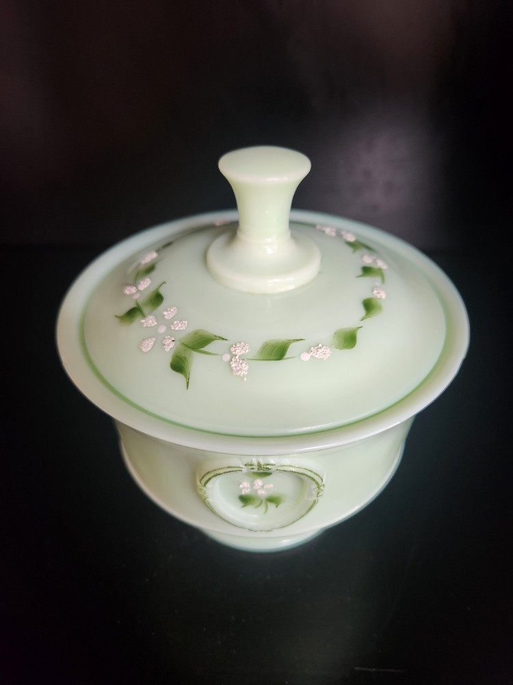 Westmoreland Jadeite Handpainted Glass Candy Dish with Artist Signature