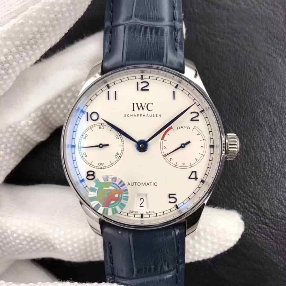 IWC Portuguese 42mm Cream Dial Blue Hands Leather Strap Watch Iw500705