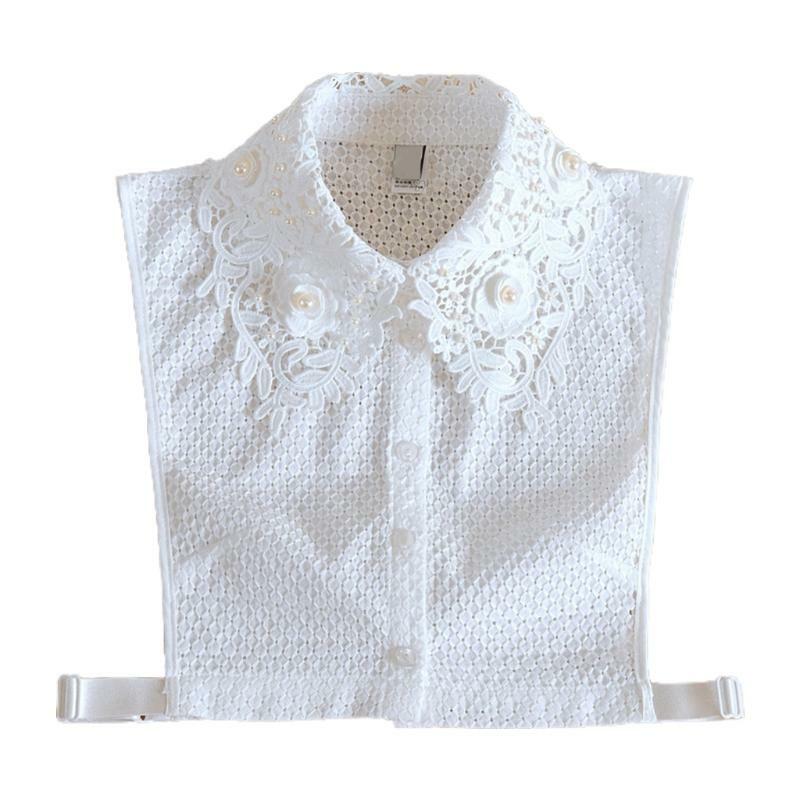Women Faux Pearl Floral Lace Lapel False Collar Detachable Half Shirt Dickey