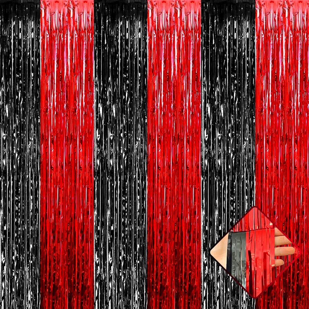 4 Pack 3.2Ft x 8.2Ft Black Red Foil Fringe Curtain Backdrop, Metallic Tinsel ...