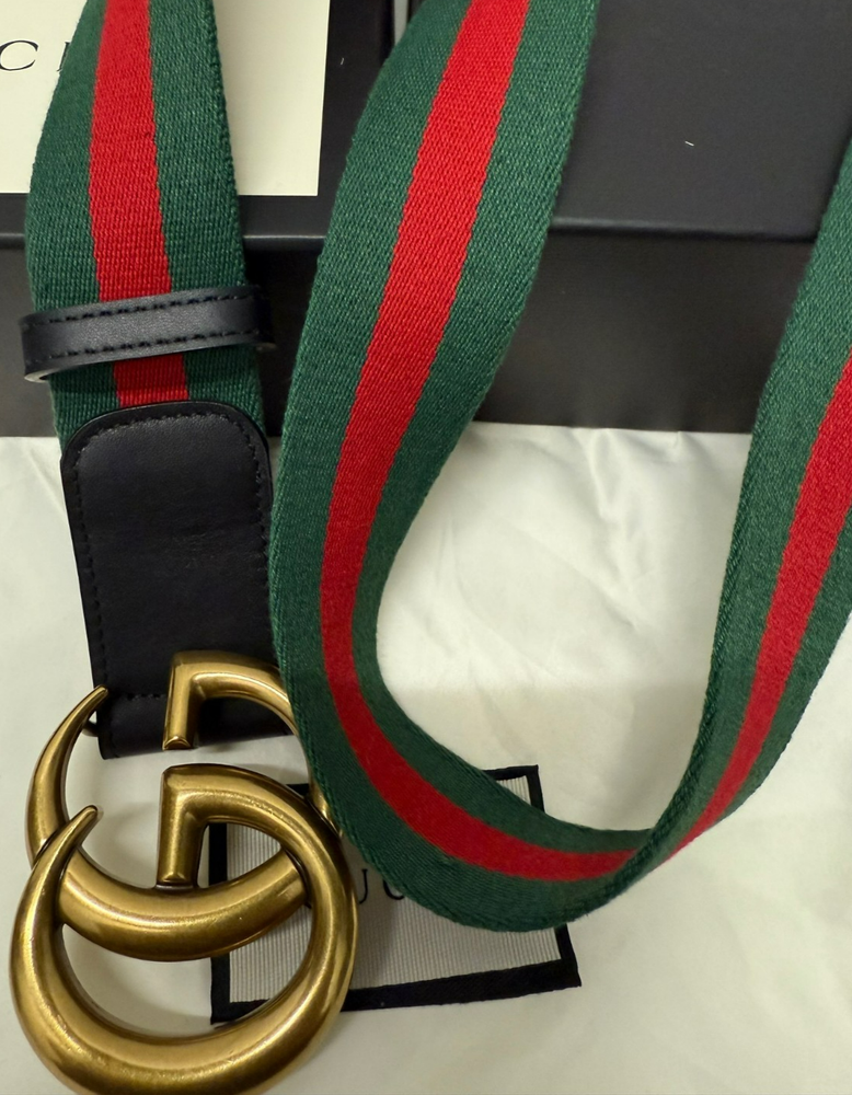 Gucci GG Brass, Marmont Green Red WEB Leather Black Belt 105 cm Fits 36/38 Waist